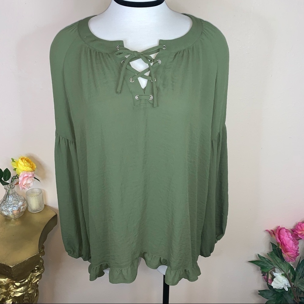 XS A.n.a Green Peasant Top Women’s Extra Small Size 0 3 Flowy Blouse